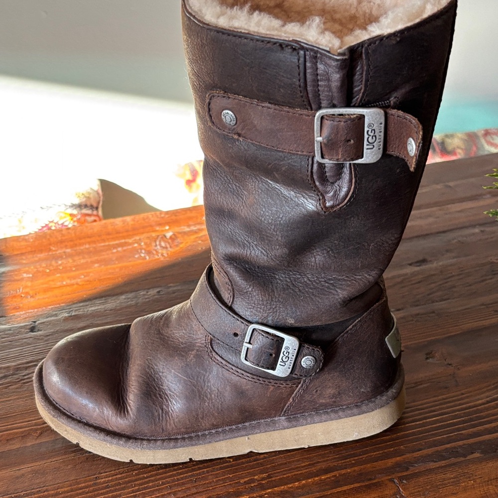 UGG Dark Brown Leather Buckle Boots